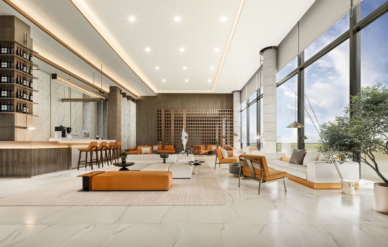 Furnished apartment lounge styled for short stays